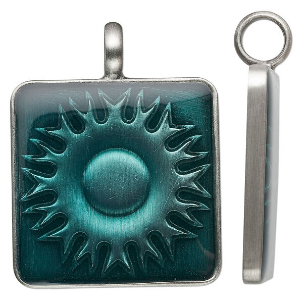 Pendant, epoxy and antiqued "pewter" (zinc-based alloy), blue-green, 45x35mm square with Southwest sun design. Sold individually. image number 0