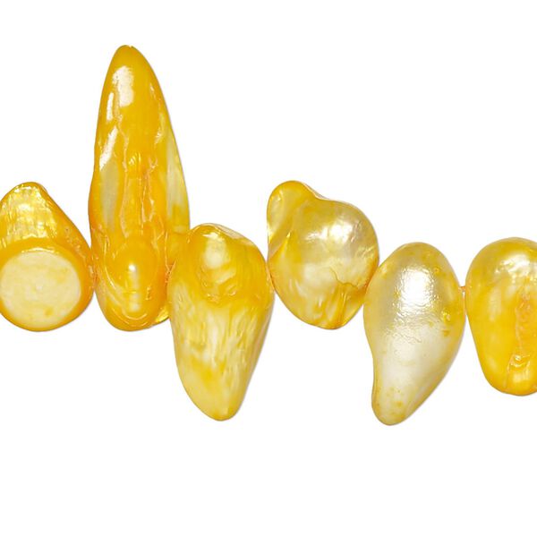 Pearl, cultured freshwater (dyed), buttercup, 11x8mm-24x11mm baroque with 0.4mm hole, D grade, Mohs hardness 2-1/2 to 4. Sold per 15-inch strand. image number 0