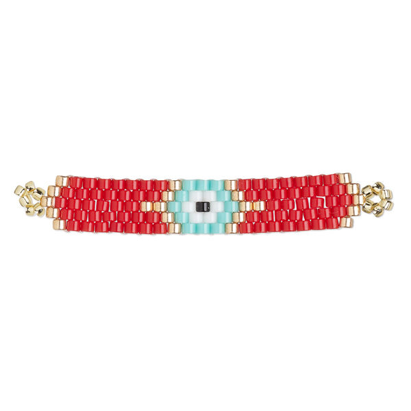 Focal, Creative Touch, glass, red and multicolored, 40x7mm rectangle with wards-off-the-evil-eye design. Sold individually. image number 0