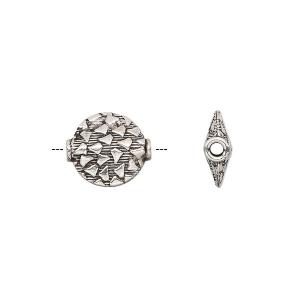 Bead, antiqued sterling silver, 13x12mm flat round with pattern. Sold individually. image number 0