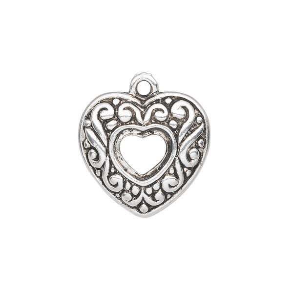 Charm, antique silver-plated "pewter" (zinc-based alloy), 20x19mm single-sided open heart with swirls. Sold per pkg of 10. image number 0
