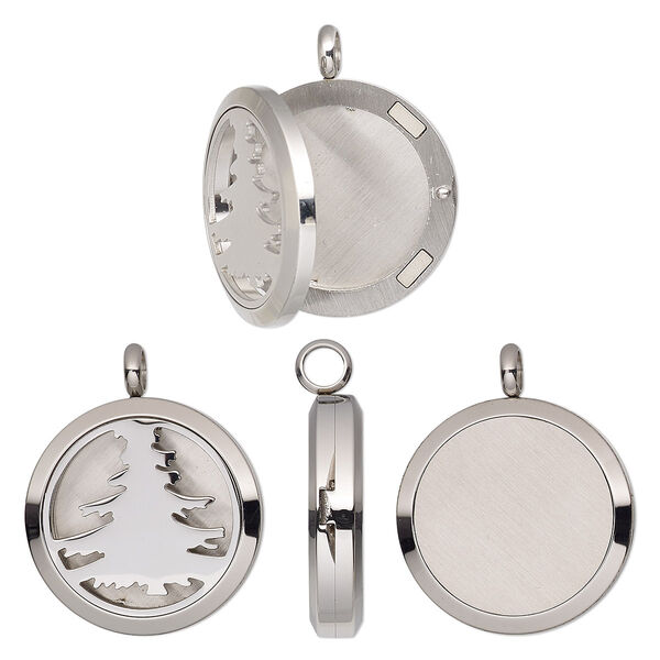 Pendant, stainless steel, 37x30mm single-sided hinged round locket with cutout tree and magnetic closure. Sold individually. image number 0
