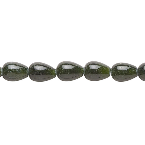 Bead, quartz (dyed), dark green olive, 8 x 5mm teardrop, C grade, Mohs hardness 7. Sold per 15-inch strand, approximately 45 beads. image number 0