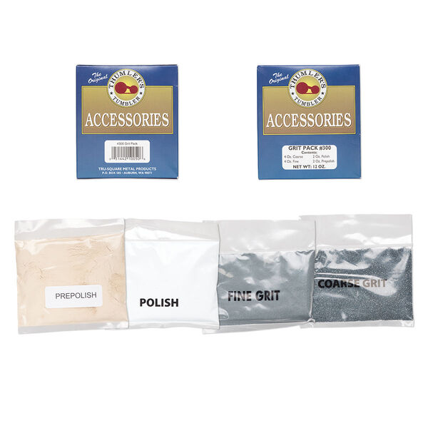 Tumbling abrasive, silicone carbide and aluminum oxide, coarse / fine / pre-polish / polish compound, 12 ounces. Sold per 4-piece set. image number 0