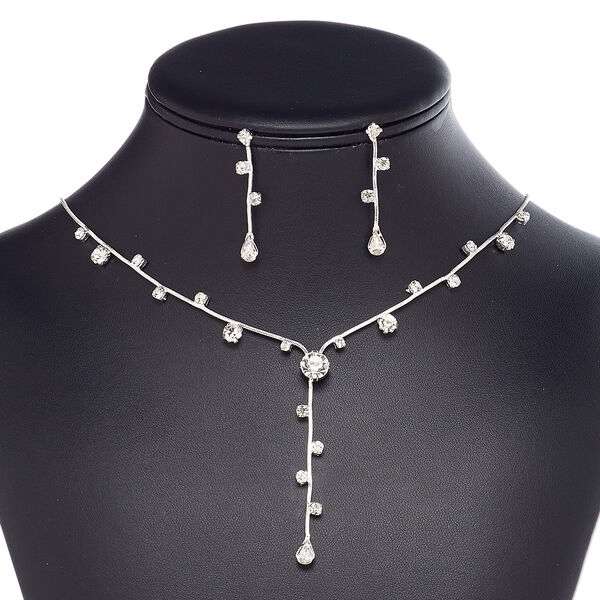 Necklace and earring set, glass rhinestone / plastic / imitation rhodium-plated brass / steel, clear, 2-1/2 inch dangle with cupchain and round, 15" to 16" necklace with 3-inch extender chain and lobster claw clasp, 39mm earrings with post. Sold per set. image number 0