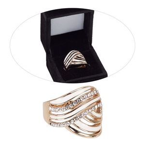 Ring, Czech glass rhinestone / enamel / rose gold-finished brass, clear and white, 20mm wide with overlay knot, size 8. Sold individually.