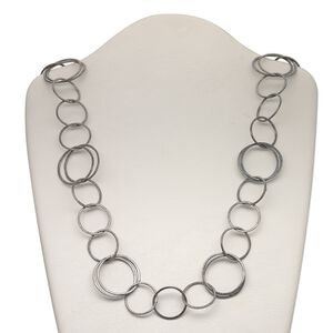 Chain, gunmetal-plated copper, 24mm brushed round and 31mm brushed double round, 36 inches with S-hook clasp. Sold individually.