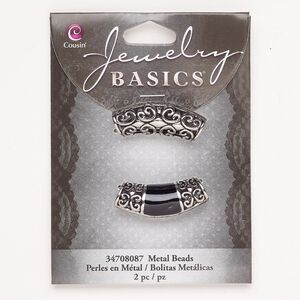 Bead "pewter" zinc-based alloy enamel 2pk 33x15mm curved tube with cutout scroll design, antique silver finish black