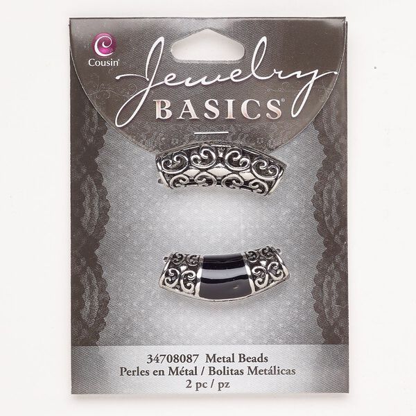 Bead "pewter" zinc-based alloy enamel 2pk 33x15mm curved tube with cutout scroll design, antique silver finish black image number 0