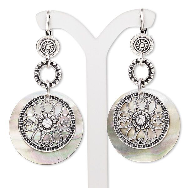 Earring, black lip shell (natural) / glass rhinestone / antique silver-plated "pewter" (zinc-based alloy) / brass / steel, black and clear, 2-1/2 inches with flat round and leverback ear wire. Sold per pair. image number 0