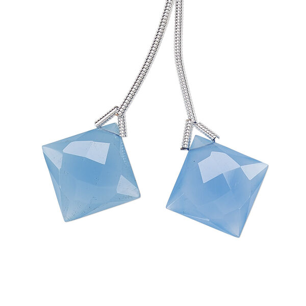 Bead, blue chalcedony (dyed), 16x16mm hand-cut top-drilled faceted puffed diamond, B grade, Mohs hardness 7. Sold per pkg of 2 beads. image number 0