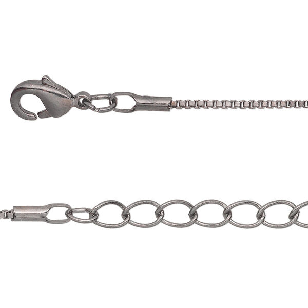 Chain, gunmetal-plated brass, 1mm Venetian box, 36 inches with 1-inch extender chain and lobster claw clasp. Sold per pkg of 2. image number 0
