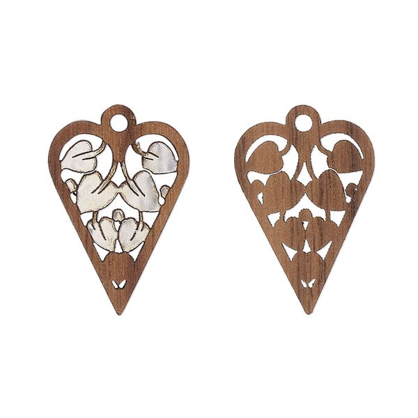 Drop, black walnut (natural) and aluminum foil, 20x15mm single-sided laser-cut heart with cutout leaves. Sold per pkg of 2. image number 0
