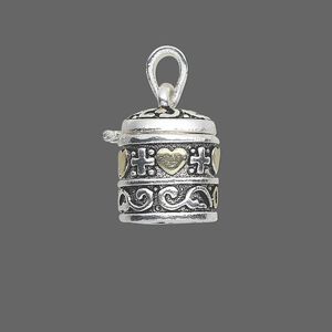 Drop, antique silver- and gold-finished "pewter" (zinc-based alloy), 21x18mm cylinder prayer box with assorted design and magnetic closure. Sold individually.
