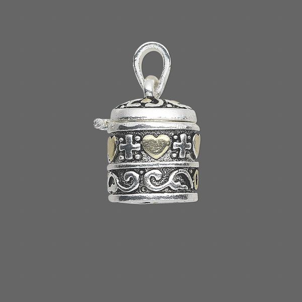 Drop, antique silver- and gold-finished "pewter" (zinc-based alloy), 21x18mm cylinder prayer box with assorted design and magnetic closure. Sold individually. image number 0