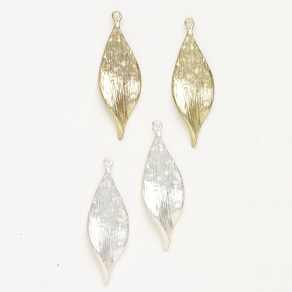 "Pewter" (zinc-based alloy) 1pkg4, textured curved leaf focal assortment matte gold-finished / silver-finished 42x16mm image number 0