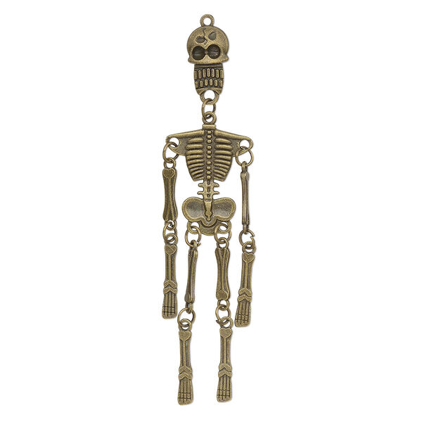 Focal, antique brass-plated "pewter" (zinc-based alloy), 3-3/4 x 7/8 inch 3D skeleton. Sold individually. image number 0