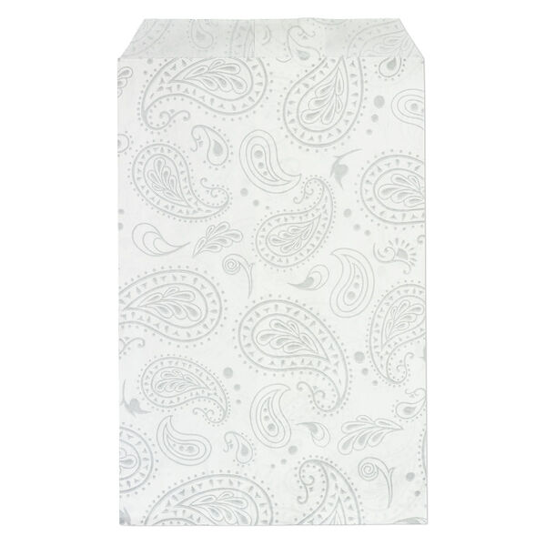 Bag, paper, white and silver, 6x4 inch rectangle with paisley-print and scalloped top edge. Sold per pkg of 100. image number 0
