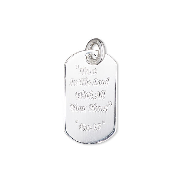 Charm, sterling silver, 23x13mm single-sided dog tag with "Trust In The Lord With All Your Heart" and "Prov. 3:5." Sold individually. image number 0
