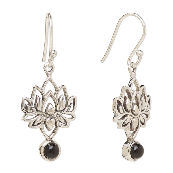 Ear wire, Create Compliments®, antiqued sterling silver and black onyx (dyed), fishhook, 37.5mm with 22.5 x 14.5mm single-sided lotus, 21 gauge. Sold per pair. image number 0