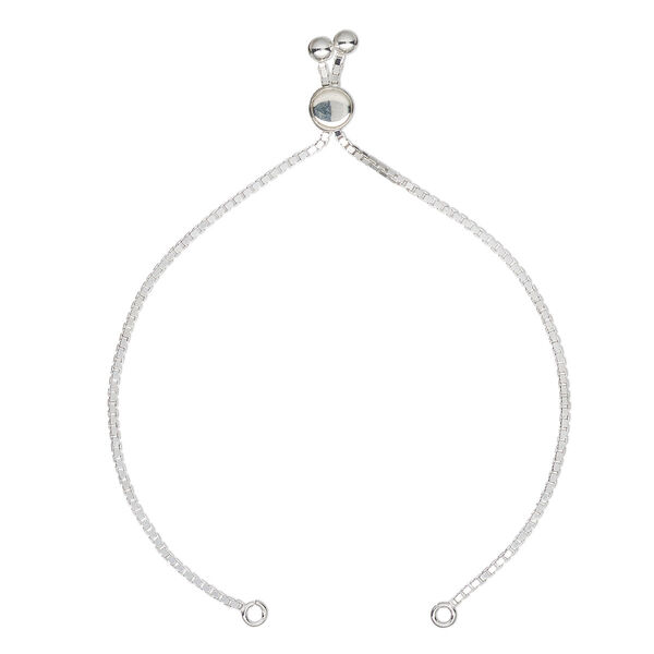 Bracelet component, sterling silver and silicone, clear, 1.5mm box chain, 8-1/2 inches with 7mm flat round adjustable slider bead and (2) 4mm rounds, 2 open loops. Sold individually. image number 0