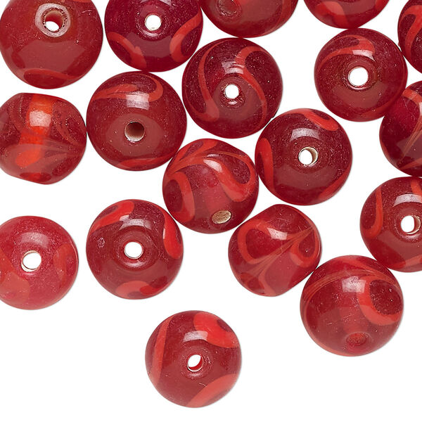Bead, glass, translucent red, 10x9mm-11x10mm round with swirl design. Sold per 2-ounce pkg, approximately 45 beads. image number 0