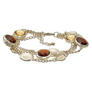 Bracelet, acrylic with gold-finished steel and "pewter" (zinc-based alloy), gold and amber brown, 6-1/2 inches with 1-1/2 inch extender chain and lobster claw clasp. Sold individually.