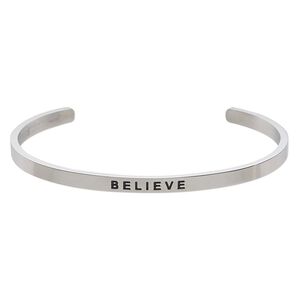 Bracelet, Everyday Jewelry, cuff, stainless steel, 4mm wide with "BELIEVE," 8 inches. Sold individually.