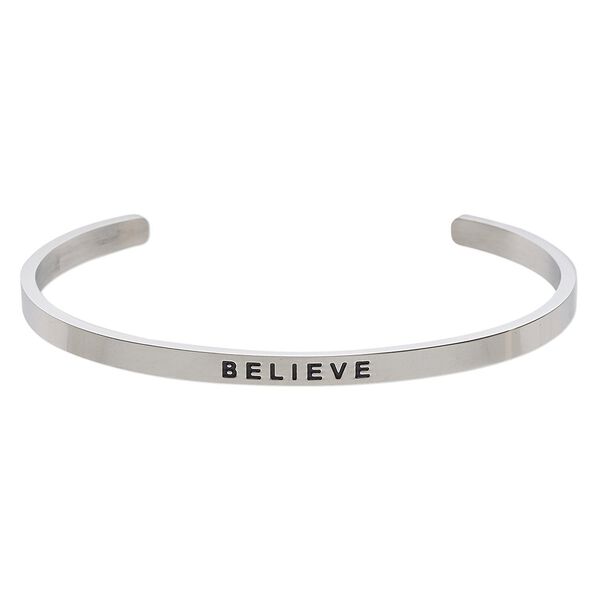 Bracelet, Everyday Jewelry, cuff, stainless steel, 4mm wide with "BELIEVE," 8 inches. Sold individually. image number 0