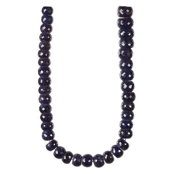 Bead, blue sapphire (dyed), dark, 11x7mm-17x11mm graduated hand-cut faceted rondelle, C grade, Mohs hardness 9. Sold per 14-inch strand, approximately 35 beads. image number 0