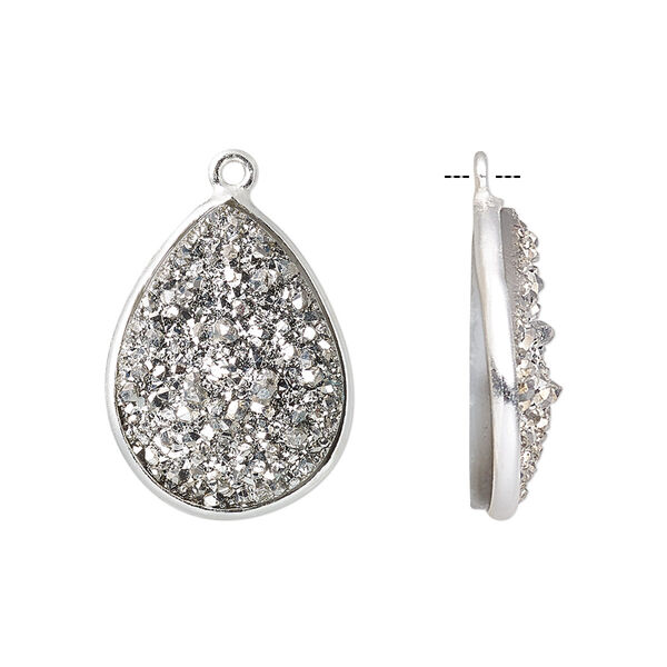 Drop, titanium- / electro-coated druzy agate (coated) / sterling silver, silver, 21x16mm hand-cut single-sided flat teardrop. Sold individually. image number 0