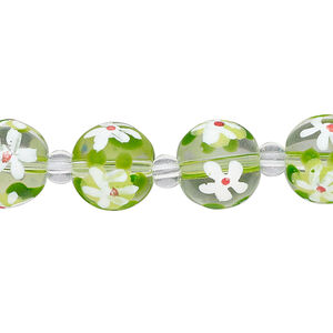 Bead, glass 1pkg8, multicolored, 12mm round with hand-painted flower.
