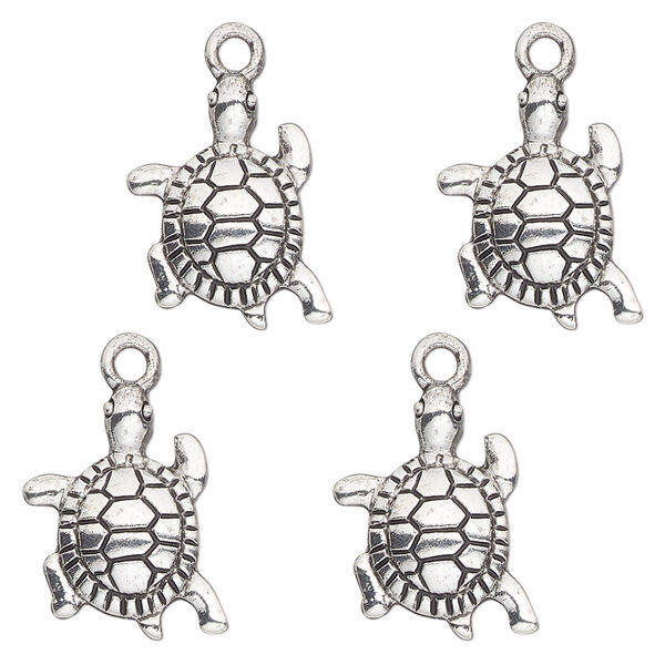 Charm, antique silver-finished "pewter" (zinc-based alloy) , 17x14mm single-sided tortoise. Sold per pkg of 4. image number 0