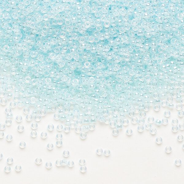 Seed bead, Miyuki, glass, pkg/35g, #15 rocaille, opaque inside dyed color luster light aqua alabaster base (RR-522). image number 0