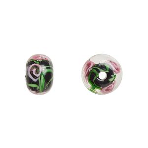 Bead, lampworked glass, opaque black and multicolored, 12x8mm rondelle with rose. Sold per pkg of 4.