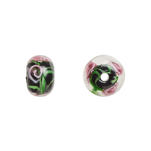 Bead, lampworked glass, opaque black and multicolored, 12x8mm rondelle with rose. Sold per pkg of 4. image number 0