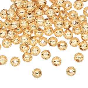 Bead, gold-plated brass, 5mm weave round. Sold per pkg of 100.