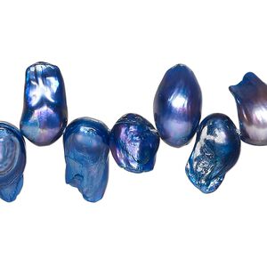 Pearl, cultured freshwater (dyed), blue-violet, 9x6mm-16x9mm baroque with 0.4mm hole, D grade, Mohs hardness 2-1/2 to 4. Sold per 15-inch strand.