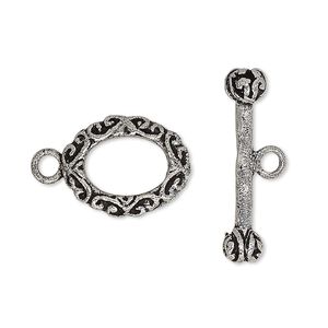 Clasp, toggle, antique silver-plated brass, 17x14mm oval with scroll design. Sold individually.