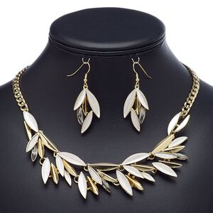 Necklace and earring set, enamel / glass / gold-finished steel / "pewter" (zinc-based alloy), white with glitter, leaves, 18-inch necklace with 2-inch extender chain and lobster claw clasp, 49mm earrings with fishhook ear wire. Sold per set.