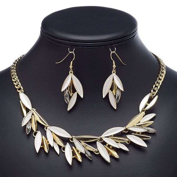 Necklace and earring set, enamel / glass / gold-finished steel / "pewter" (zinc-based alloy), white with glitter, leaves, 18-inch necklace with 2-inch extender chain and lobster claw clasp, 49mm earrings with fishhook ear wire. Sold per set. image number 0