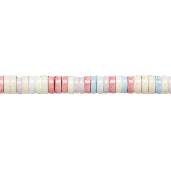 Bead, porcelain, opaque shiny multicolored, 4.5x1.5mm heishi. Sold per 8-inch strand, approximately 115 to 140 beads. image number 0