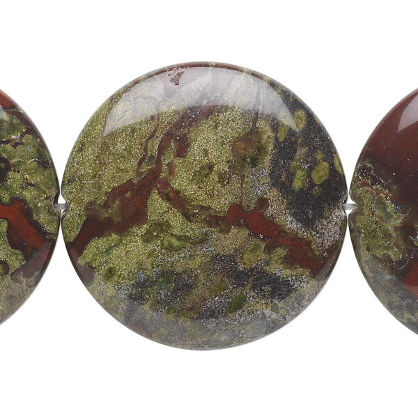 Bead, dragon blood jasper (natural), 30mm flat round, B grade, Mohs hardness 6-1/2 to 7. Sold per 15-1/2" to 16" strand. image number 0