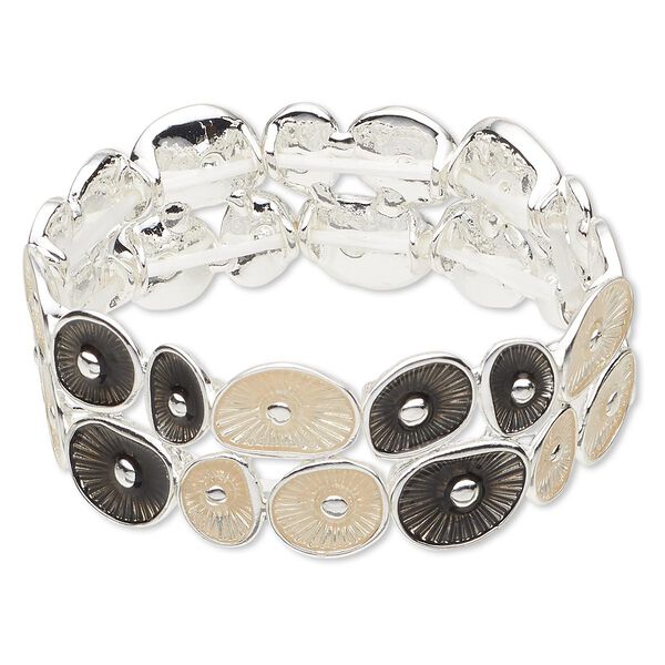 Bracelet, stretch, epoxy and silver-finished "pewter" (zinc-based alloy), dark grey and cream, 23mm wide with circle design, 6 inches. Sold individually. image number 0