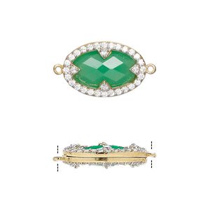 Link, chalcedony (dyed) / cubic zirconia / gold-finished sterling silver, clear and sea green, 18x12mm double-sided faceted oval. Sold individually.