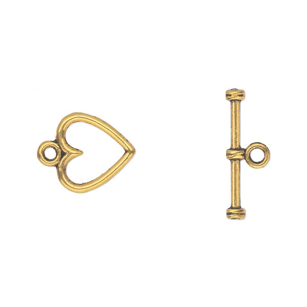 Clasp, toggle, antique gold-finished "pewter" (zinc-based alloy), 12x12mm double-sided heart. Sold per pkg of 20. image number 0