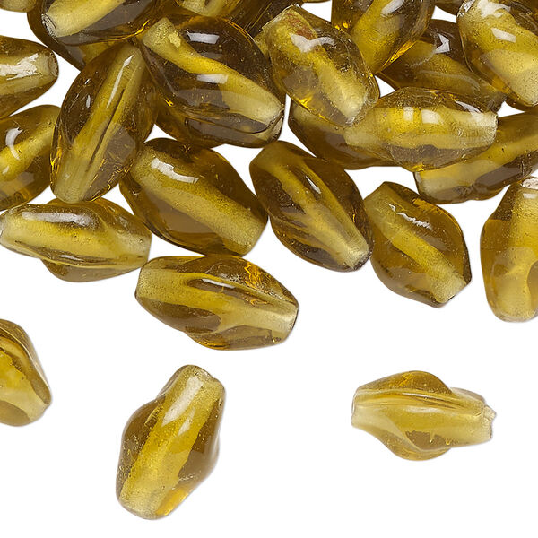 Bead, glass, translucent dark yellow, 13x9mm twisted double cone. Sold per 2-ounce pkg, approximately 75 beads. image number 0