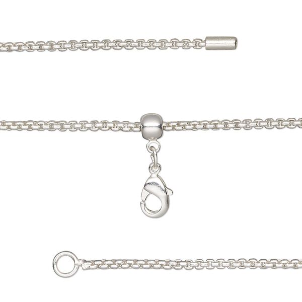 Chain, silicone and silver-plated brass, 1.4mm square rolo, adjustable from 16 to 23-1/2 inches with lobster claw clasp and adjustable slider bead. Sold individually. image number 0