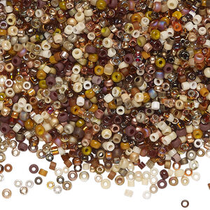 Seed bead mix, glass, 1pkg25g, #15 to #11 round, opaque and translucent multi-brown