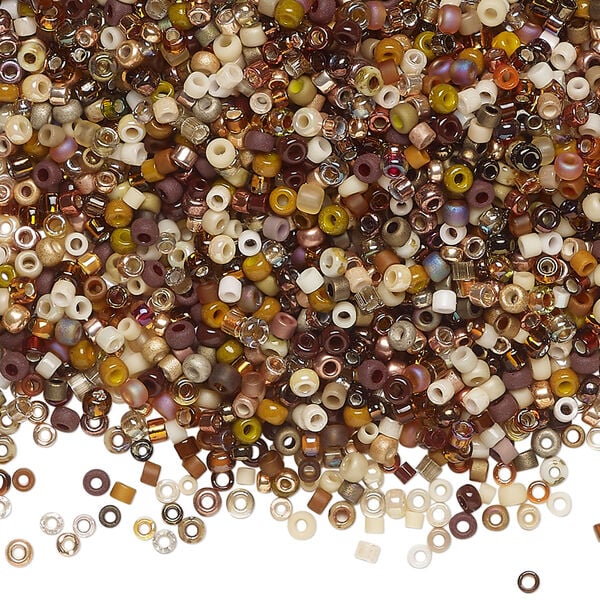 Seed bead mix, glass, 1pkg25g, #15 to #11 round, opaque and translucent multi-brown image number 0